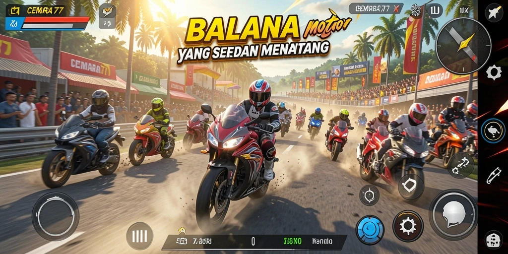 Screenshot gameplay CEMARA77 yang menampilkan balapan motor yang menegangkan.