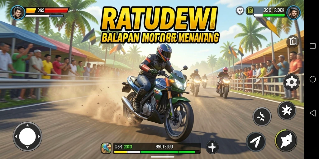 Tampilan gameplay seru di RATUDEWI dengan balapan motor yang mendebarkan.